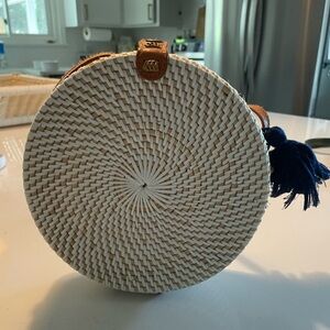 Round Ratan Purse with Navy Tassel